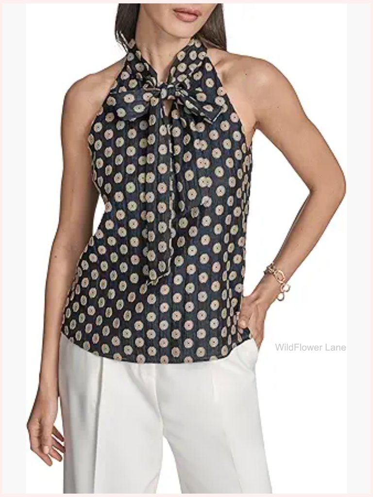 Sleeveless Tie Neck Printed Woven Blouse Tunic Top